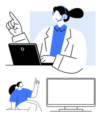 Müşteri hizmetleri temsilcisi kulaklık ve dizüstü bilgisayarla sunum ekranı ile sanal yardım sağlıyor. Müşteri hizmetleri için ideal, sanal toplantılar, çevrimiçi koçluk, e-öğrenme, webinarlar, teknoloji