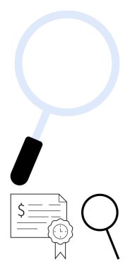 Büyük ve küçük büyüteçler ve dolar işareti ve kurdeleli sertifika. Finansal analiz, sertifika, inceleme, kalite güvencesi, soruşturma ve detaylara dikkat için ideal