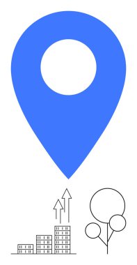 Minimalist kara büyüme grafiğinin tepesinde yer alan mavi lokasyon okları, yapı taşları ve balonlar gelişmeyi, iş büyümesini ve kutlamaları simgeliyor. Navigasyon, başarı ve büyüme için ideal