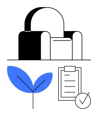 Siyah koltuk konforu sembolize eder, mavi yaprak eko-bilinç için, kontrol listesi ve organizasyon için kene. Ev dekorasyonu, sürdürülebilirlik, yaşam tarzı, planlama, verimlilik, çevre dostu