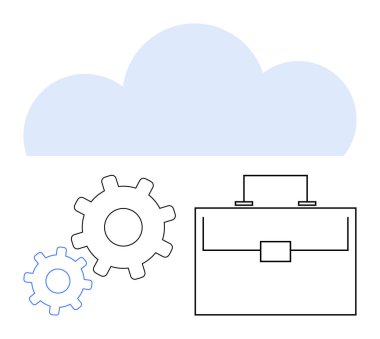 Bulut simgesi, vites ve evrak çantası bulut hesaplama, iş yönetimi ve iş akışı otomasyonunu temsil ediyor. Teknoloji hizmetleri, üretkenlik araçları, yenilik, takım çalışması için ideal bilişim çözümleri