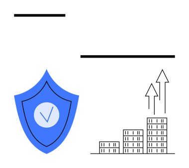 Çubuk grafiklerin yanında mavi bir kalkan ve yukarı doğru yığılmış oklar mali büyümeyi, ilerlemeyi ve güvenliği gösteriyor. Finans, yatırım, koruma, sigorta, güvenlik için ideal