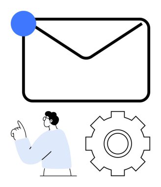 Tebligat rozetli bir zarf, yukarı doğru hareket eden bir kişi ve bir vites simgesi. E- posta yönetimi, bildirimler, iletişim, kullanıcı ayarları, dijital araçlar, mesajlaşma veya soyut satır düzlüğü için ideal