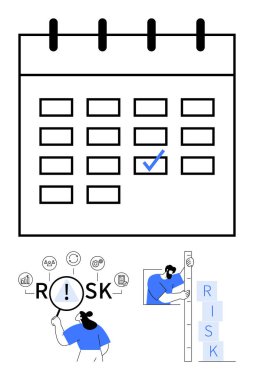 Belirli bir gün ve görev takvimi, risk faktörlerini vurgulayan büyüteç, risk bloklarını dengeleyen işçi. Planlama, mühlet, risk yönetimi, organizasyon, strateji, takım çalışması için ideal