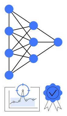 Çizgilerle birbirine bağlı sinirsel ağ düğümleri, odak noktası olan veri grafiği ve sertifika kartı. Yapay zeka, makine öğrenimi, veri analizi, eğitim, yenilik, bilim soyut çizgisi için ideal