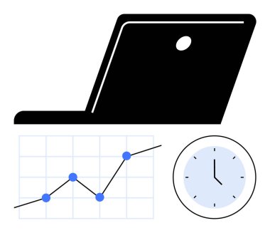 Laptop silueti, mavi noktalı yükselen grafik ve duvar saati. Üretkenlik, zaman yönetimi, iş büyümesi, veri analizi, finansal planlama, iş verimliliği soyut çizgisi için ideal
