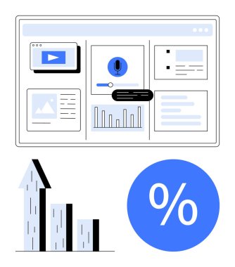 Medya oynatıcı, mikrofon, grafikler ve çeşitli arayüz elemanlarıyla dijital gösterge paneli. Çizelgeden yükselen büyüme oku ve mavi yüzde simgesi. Analiz ve medya yönetimi için ideal