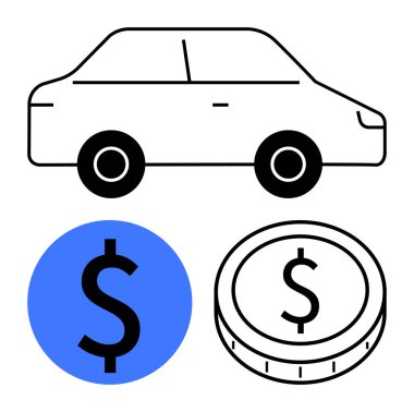Dolar işaretli araba simgesi parasal yönleri vurguluyor harcamaları, kredileri ve ödenebilirliği parmakla işaretliyor. Otomobil ekonomisi, fiyatlandırma, finans, bütçe, tasarruf, yatırımlar için idealdir.