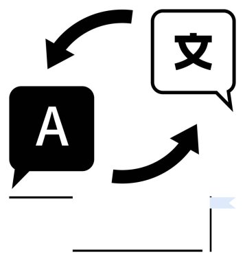 A ve yabancı karakterli konuşma baloncukları, çeviriyi gösteren oklar, küçük bayrak. İletişim, yerelleştirme, küresel bağlantı, öğrenme araçları, dilbilim, çeviri hizmetleri için ideal