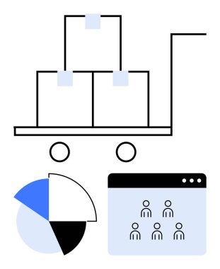 Kutularla dolu depo arabası, dilimlenmiş pasta grafiği ve kullanıcı simgelerinin olduğu bir ekran. Lojistik, veri analizi, e-ticaret, takım çalışması, envanter takibi, nakliye soyut hattı düz metaforu için ideal