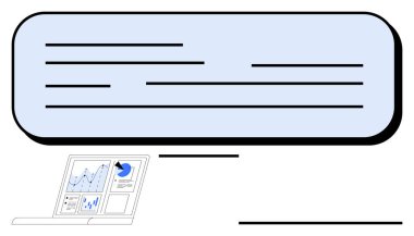 Grafikler, grafikler ve pasta grafiğini gösteren bir dizüstü bilgisayarın üstünde baloncuk şeklinde ders kutusu. Analiz, raporlar, iletişim, teknoloji, ticaret, eğitim için ideal modern tasarım düz çizgi metaforu
