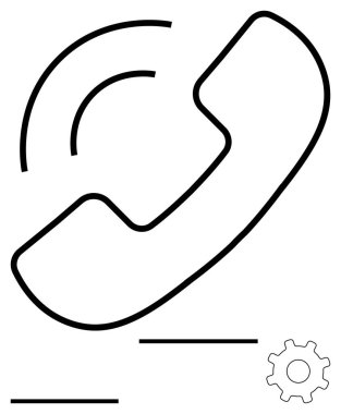 Sinyal dalgaları ve vites simgesine sahip telefon alıcısı, iletişimi, teknolojiyi, çağrı ayarlarını, müşteri hizmetlerini, teknik desteği, sorun çözmeyi ve soyut düz bir hatta bağlanabilirliği sembolize ediyor.