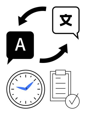 Arrows connect speech bubbles with different alphabets, symbolizing translation. Add a checklist and clock for task completion and deadlines. Ideal for linguistics, communication, time tracking clipart