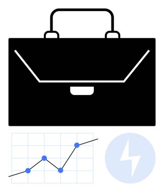 Siyah evrak çantası, veri işaretli çizgi grafik ve güç simgesi. İş stratejisi, üretkenlik, veri analizi, büyüme planlaması, profesyonel araçlar, inovasyon soyut çizgi düz metaforu için ideal
