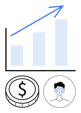 Büyüme oklu dikey bar tablosu, parayı temsil eden bozuk para, dijital tanıma kavramını gösteren insan yüzü. Finans, teknoloji, veri güvenliği, yapay zeka büyümesi, başarı ve yenilik için ideal