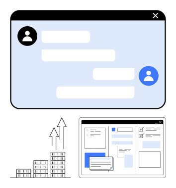 Avatar simgeleri, iş büyüme grafiği ve arayüz gösterge tablosu içeren sohbet penceresi. İletişim, veri yönetimi, iş stratejisi, üretkenlik, teknoloji, analitik ve takım çalışması için ideal