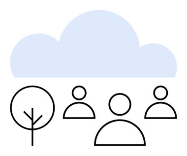 Ağaç, bulutların altında üç insan ikonu doğayı çağrıştırıyor, topluluk bağlantıları, sürdürülebilirlik, dijital depolama. Takım çalışması, sosyal ağlar, eko-dostluk, bulut hesaplama işbirliği için ideal