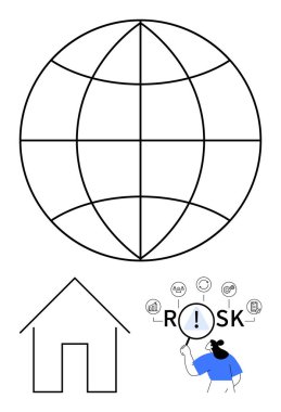 Globe grid, house outline, and person analyzing RISK with icons in thought bubbles. Ideal for security, global perspective, risk management, finance, insurance, safety abstract line flat metaphor clipart