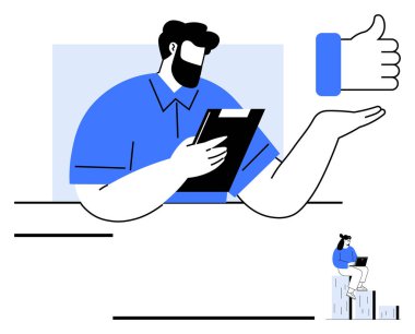 Panodaki verileri inceleyen adam, onay veren baş parmaklar ve tabloları analiz eden bir figür. Takım çalışması, liderlik, onay süreci, proje planlaması, karar verme, iş dünyası için ideal