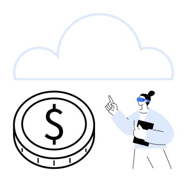 VR gözlüklü bir kadın elinde tablet, dolar işareti olan dijital para, ana hatlı bulut. Fintech, bulut teknolojisi, dijital ekonomi, sanal işbirliği, fütüristik finans, dijital