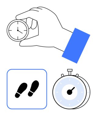 Hand holding a small clock, stopwatch, and step icon for tracking time, progress, and movement. Ideal for fitness, time management, deadlines, productivity habits organization abstract line flat clipart