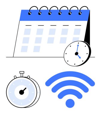Spiral takvim, analog saat, kronometre ve kablosuz sembol zamanlamayı, dakikliği ve dijital iletişimi vurguluyor. Üretkenlik, planlama ve verimlilik için ideal.