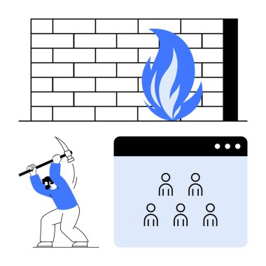 Alevli tuğla güvenlik duvarı, kazmayla hacklenen kişi ve kullanıcı hesaplarının web penceresi. Veri koruması, güvenlik ihlali, hackleme, çevrimiçi güvenlik, güvenlik duvarları, tehdit yönetimi soyut
