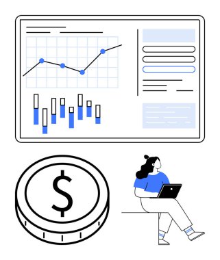Çizgi grafiği, bar çizelgesi, finansal panel, para birimi, dizüstü bilgisayarda çalışan kadın. Finans, veri analizi, uzaktan çalışma, iş görüşleri piyasa araştırma bütçesi soyut çizgi için ideal