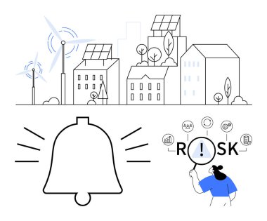 Güneş panelleri, rüzgar türbinleri, alarm zili ve RISK ikon ağını analiz eden kişi. Enerji verimliliği, risk yönetimi, sürdürülebilirlik, kentsel planlama için ideal, analizi uyarır