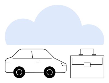 Minimalist araba, evrak çantası ve bulut elementleri ulaşım, iş ve bulut teknolojisini iletir. Taşınabilirlik, seyahat, uzak çalışma, iş araçları depolama soyut çizgi bulutları için idealdir