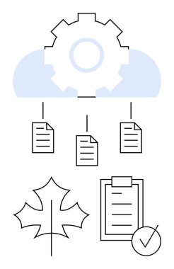 Vites ve bulut teknolojiyi simgeler, doktorlar akışı simgeler, yaprak eko-arkadaşlığı simgeler, kontrol listesi organizasyonu gösterir. Teknoloji, iş akışı, sürdürülebilirlik, bulut hizmetleri, veri paylaşımı ekosu için ideal