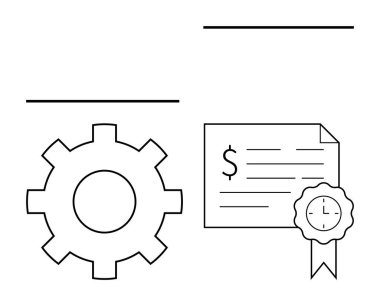Dolar işareti, metin satırları ve kurdeleli, ekonomik kavramları, işi ve başarıyı simgeleyen bir sertifikanın yanında vites simgesi. Finansal hizmetler, sertifika, kalite kontrol işi için ideal