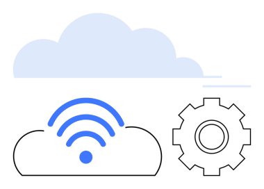 Mavi bulut, içinde kablosuz sinyal simgesi olan küçük bir bulutun içinde, vites sembolünün yanında. Bağlantı, bulut teknolojisi, otomasyon, kablosuz sistemler, ağ, IOT ve dijital kavramlar için ideal