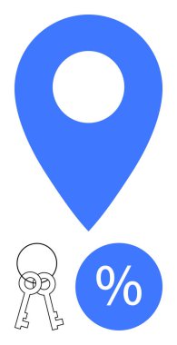 Büyük mavi lokasyon iğnesi, siyah ana hat anahtarları ve mavi yüzde sembolü. Gayrimenkul, navigasyon, finans, güvenlik, faiz oranları ipotek emlak yatırımları için idealdir. Soyut satır düzlüğü