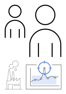 Takım çalışmasını sembolize eden iki ana figür, sanayiyi temsil eden fabrika, hedef veri odaklı grafiği. İşbirliği, iş dünyası, sanayi, hedefler, üretkenlik ve analitik için ideal