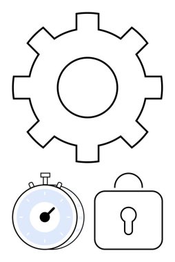 Büyük dişliler mantık çerçevesinde, kronometre zaman yönetimini simgeler, asma kilit güvenliği simgeler. Üretkenlik, iş akışı optimizasyonu, veri koruması, teslim tarihleri, otomasyon kavramları için ideal