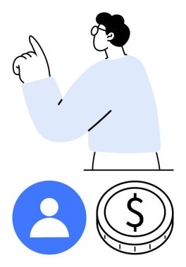 Yukarıya bakan adam, mavi kullanıcı profili simgesi ve dolar işaretli para. Finans, iş stratejisi, kullanıcı katılımı, bütçe oluşturma, tasarruf, kaynak yönetimi soyut çizgi düz metaforu için ideal