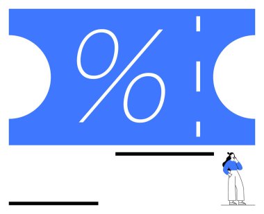 Yüzdelik işaretli cesur mavi kupon tasarımı ve küçük düşünceli bir karakterle birlikte çarpık bir detay. Satışlar, indirimler, promosyonlar, pazarlama, e-ticaret, bütçe, tasarruf için ideal