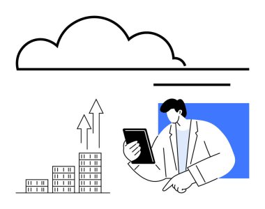 Profesyonel veri eğilimlerini değerlendirmek için bir tablet kullanır. Bulut simgesi, yukarı doğru ok çizelgesi. Teknoloji, bulut hesaplama, iş analizi, veri yönetimi, yenilik, büyüme soyut
