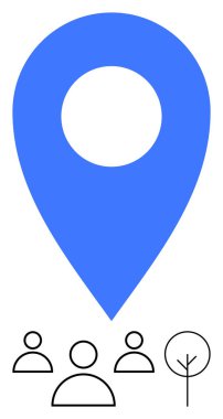 Mavi harita rozeti, üç kişi ve bir ağacın basit siyah ana hatlı simgelerini gölgeliyor. Konum, topluluk, navigasyon, sürdürülebilirlik, takım çalışması, şehir planlaması, soyut çizgi düz metaforu için ideal