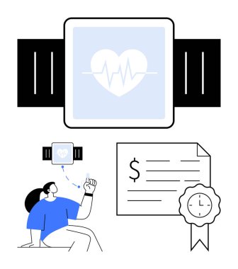 Kalp atışı ikonu olan büyük bir fitness izleyicisi, giyilebilir cihazları kontrol eden biri, dolar işareti ve saati olan bir sertifika. Sağlık, teknoloji, fitness, akıllı aygıtlar, veri takibi için ideal
