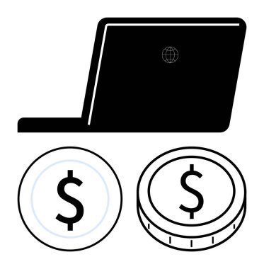 İki dolarlık madeni paralarla eşleştirilmiş, dijital ödemeleri, e-ticareti, küresel bağlantıyı ve iş büyümesini sembolize eden dünya ikonu açık bir dizüstü bilgisayar. Fintech, online ticaret, bankacılık ve soyut için ideal