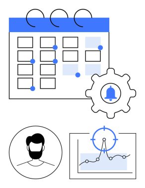 Zamanlanmış görevlerle takvim, bildirim simgesi, kullanıcı profili ve analiz grafiğiyle donanım. Planlama, üretkenlik, görev takibi, zamanlama, veri anımsatıcı soyut çizgi için idealdir