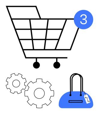 Üç numaralı göstergesi olan alışveriş arabası, ayarları sembolize eden vitesler ve fiyat etiketli mavi bir çanta. Çevrimiçi alışveriş, perakende satış platformları, e-ticaret, dijital pazar, satın alma için ideal