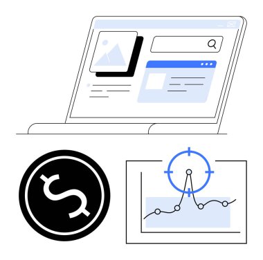 Laptop screen displaying website data, dollar icon symbolizing revenue, graph with target for performance tracking. Ideal for marketing, analytics, finance, strategy, business growth, SEO abstract clipart