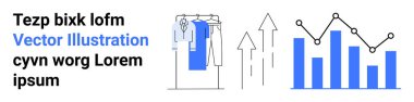 İş grafiği ve yükselen grafikler giyim mağazasının yanındaki büyüme eğilimlerini gösteriyor. İş analizleri, piyasa araştırmaları, moda endüstrisi, veri görselleştirme, büyüme stratejisi, finans için ideal