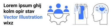 Takım işbirliği ikonu, elbise askısı, insan kafası ve ruhsal sağlığı temsil eden bir kostüm. Takım çalışması, verimlilik, organizasyon, akıl sağlığı, moda için ideal