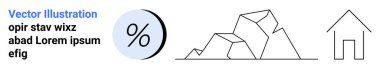 Siyah yüzde sembolü, geometrik dağ şekilleri ve basit ev çizgileri. Finansal temalar, gayrimenkul, bilgi grafikleri, eğitim, sunumlar, web tasarımı, pazarlama materyalleri için ideal. İniş