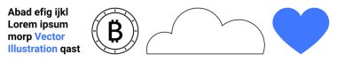 Şekil verilmiş metin elementleri, Bitcoin sembolü, çizilmiş bulut ve mavi kalp ikonu. Finansal hizmetler, bulut hesaplama, aşk mesajları, dijital varlıklar, teknoloji, vektör sanatı, minimalizm için ideal
