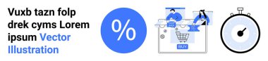 İnternetten alışveriş yapan iki kişi, indirim yüzdesi ikonu, metin elemanları ve bir kronometre. E-ticaret, indirimli promosyonlar, takım çalışması, verimlilik, pazarlama verimliliğinin izlenmesi için ideal